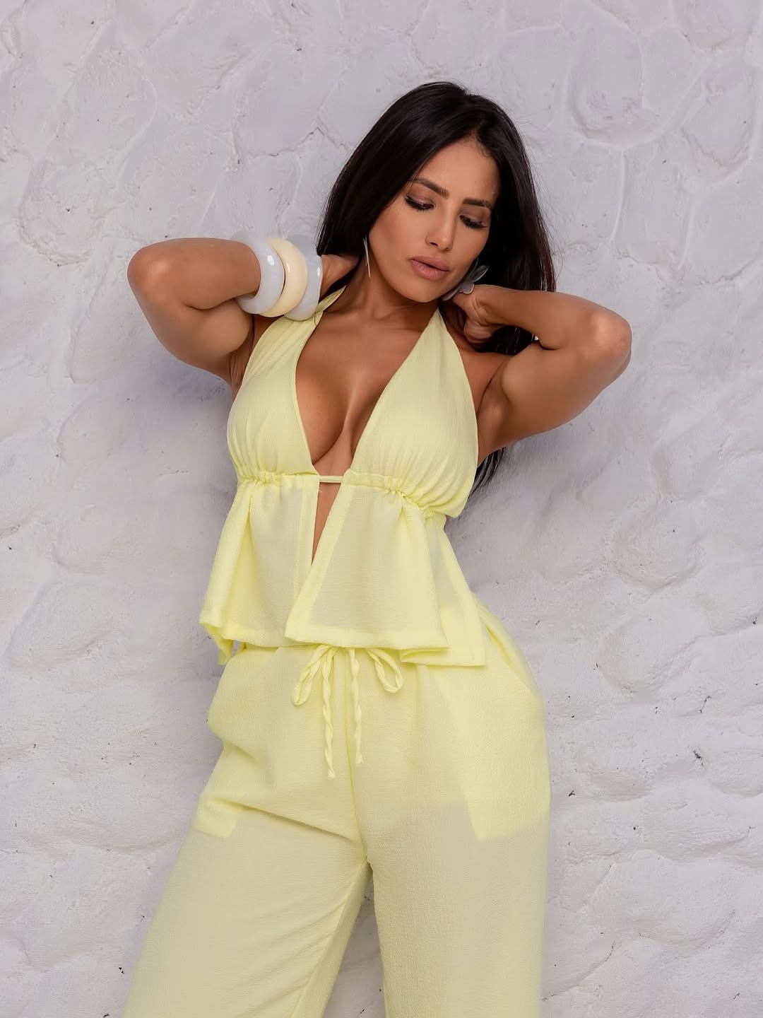 Yellow Corset Detailed Crop Trouser Set