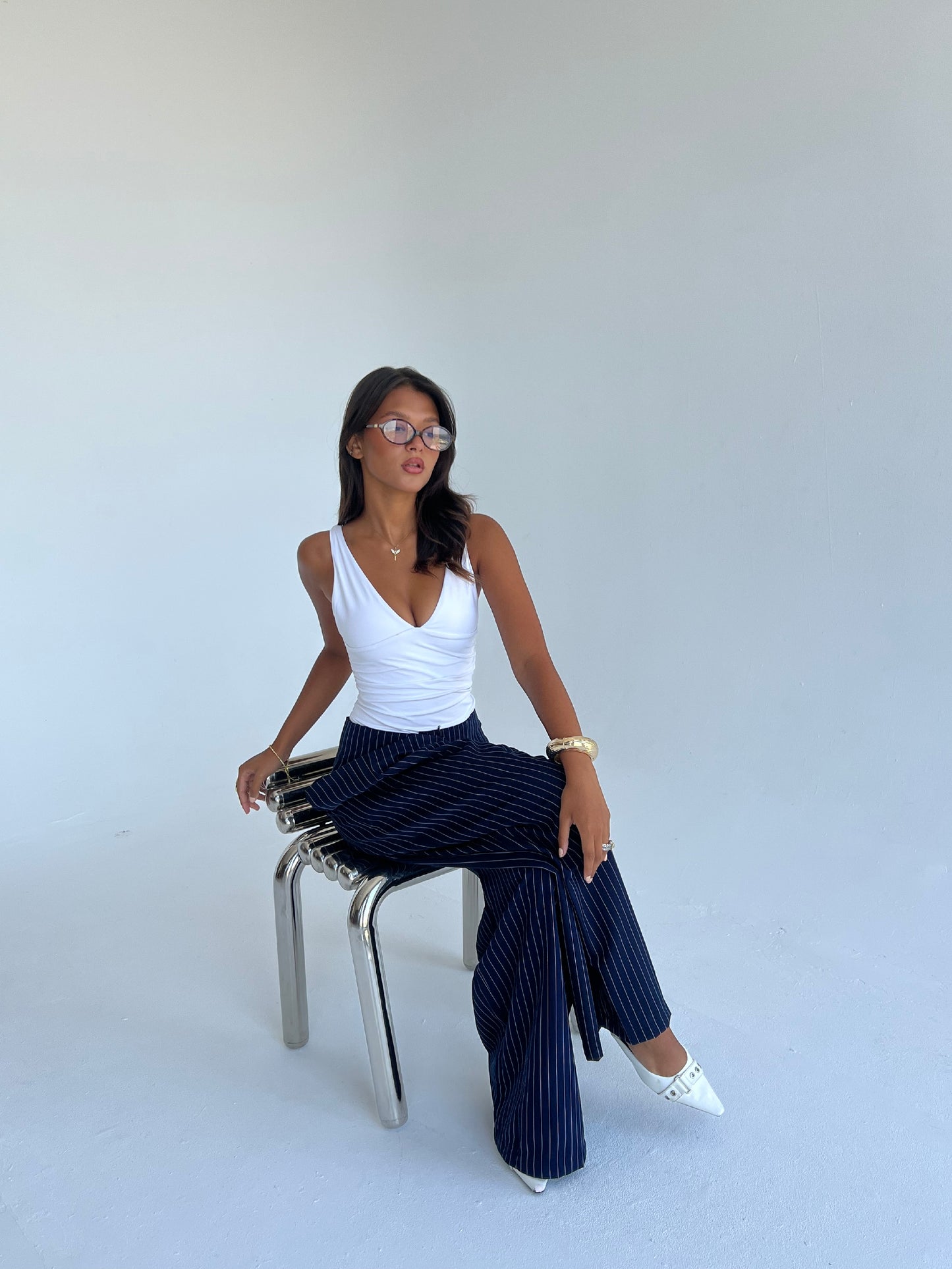 The Riviera Pinstripe Wide-Leg Pants – Navy