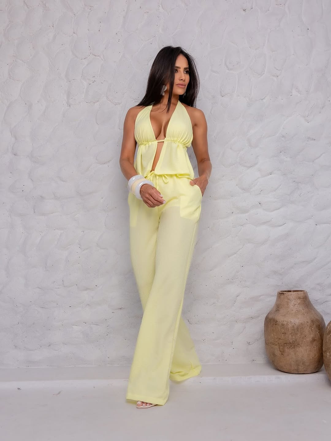 Yellow Corset Detailed Crop Trouser Set