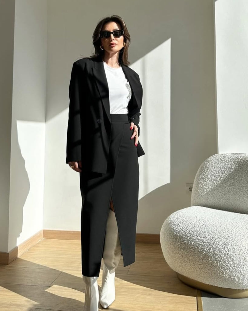 Asymmetric Wrap Midi Skirt - Black