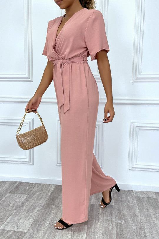 Pink palazzo jumpsuit with wrap-style voile