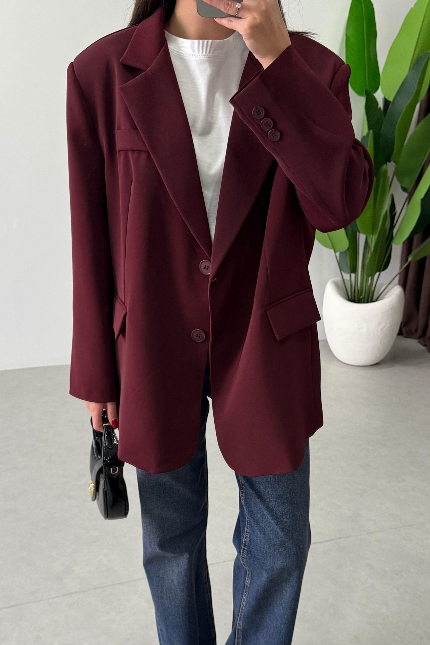 Burgundy Oversized Textured Basic Blazer