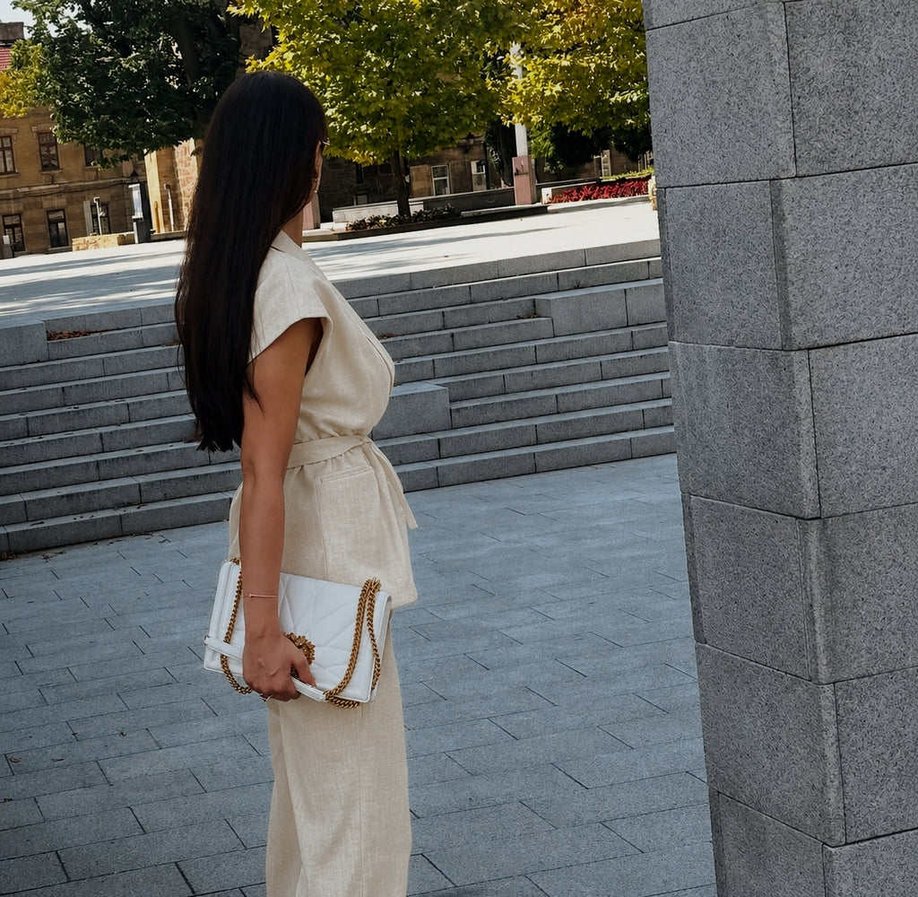 Beige Linen Blend Pleated Sets