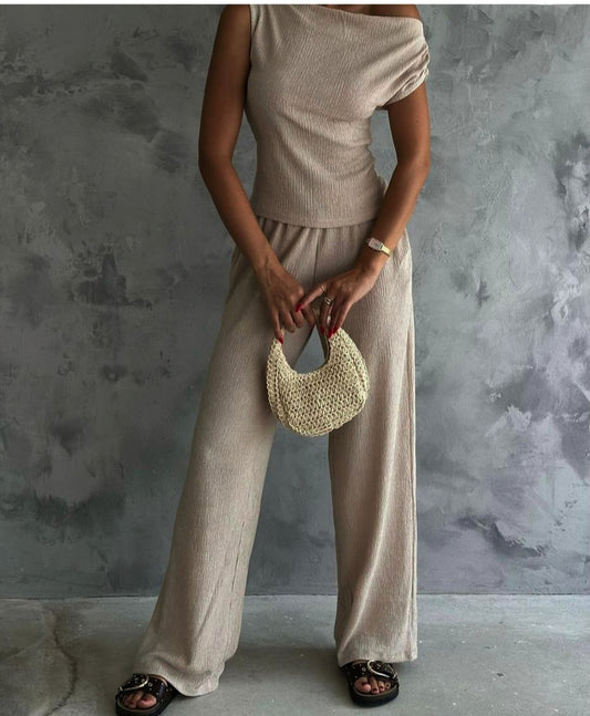 Beige asymmetric blouse pants suit