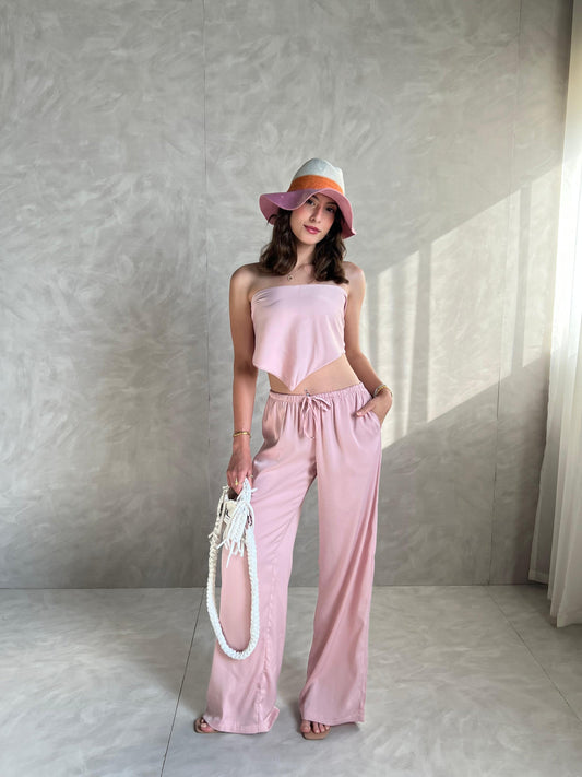 Pink Allure Satin Scarf Top & Wide-Leg Pants Set