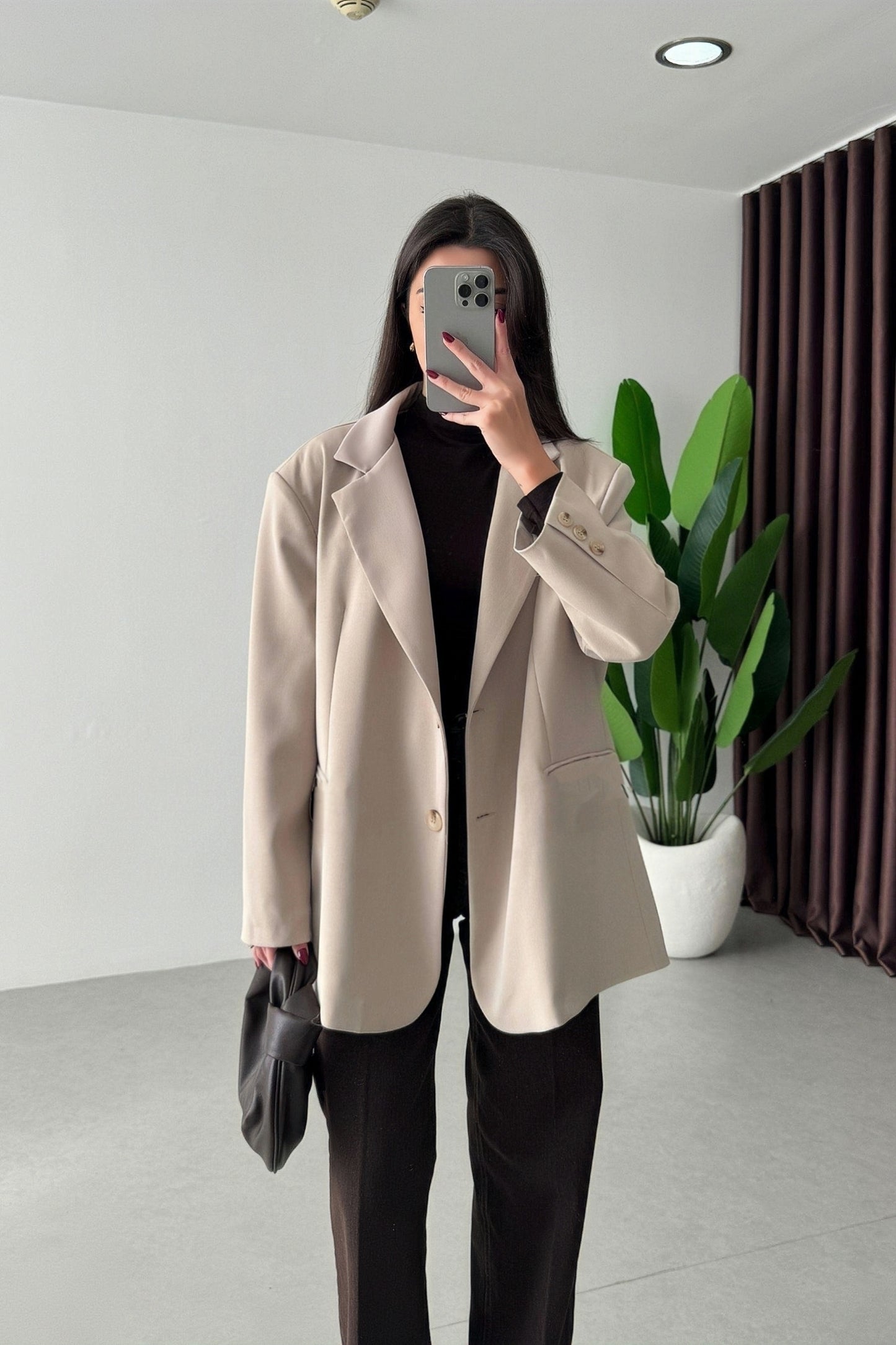 Beige Oversized Textured Basic Blazer