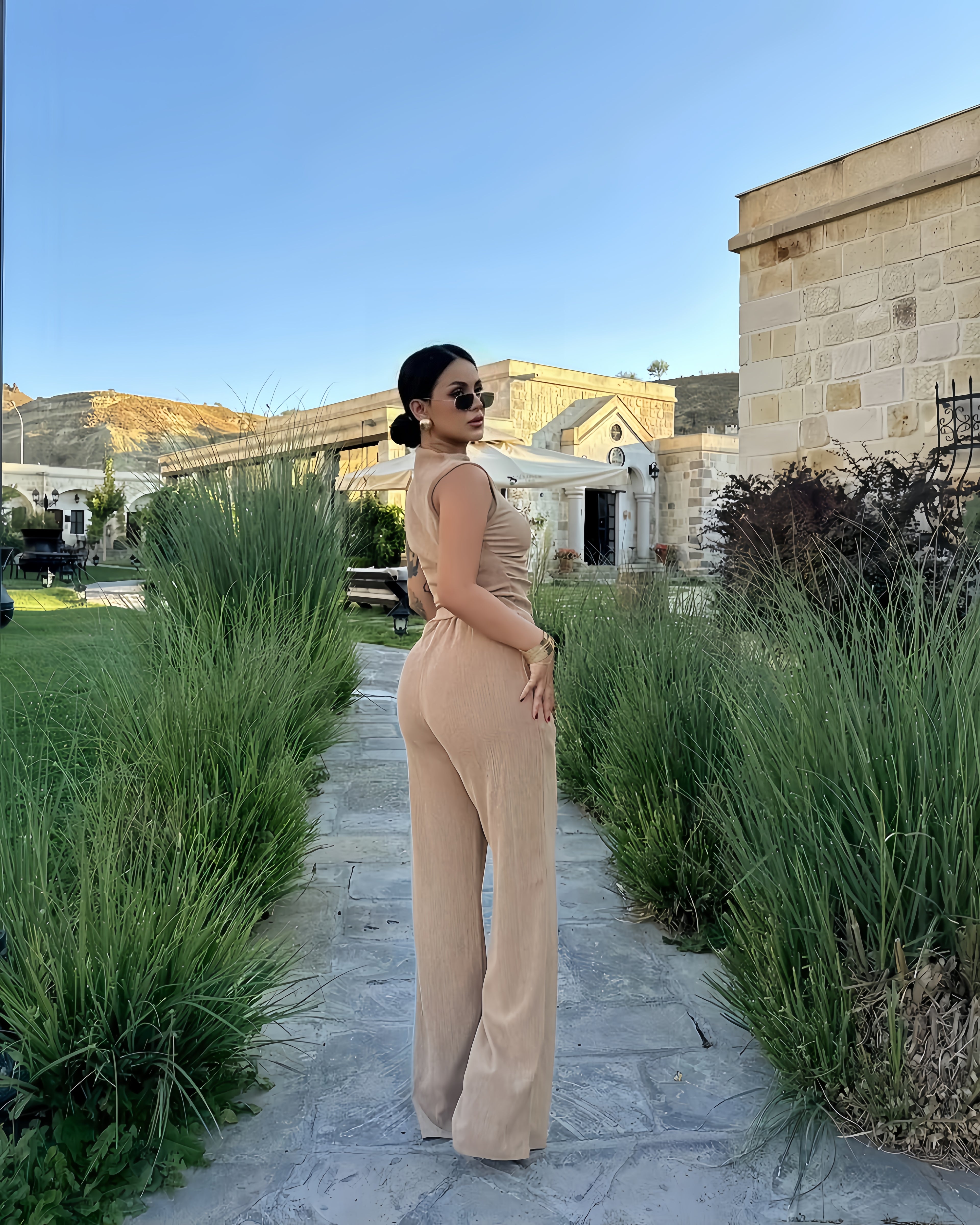 Beige asymmetric blouse pants suit