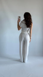 White asymmetric blouse pants suit