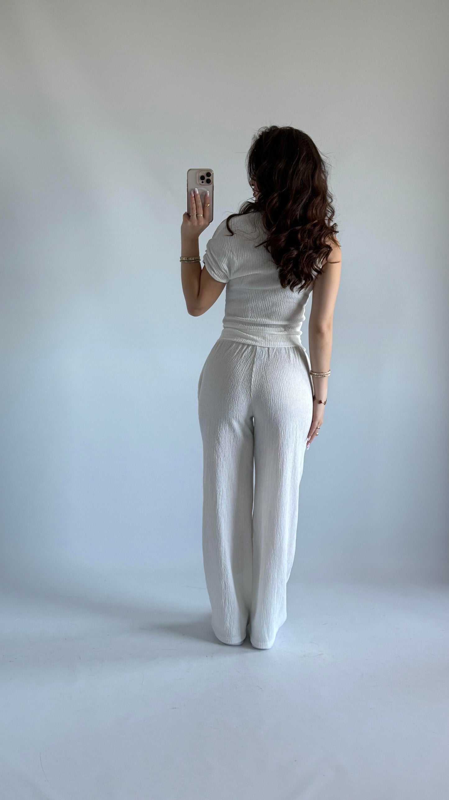 White asymmetric blouse pants suit