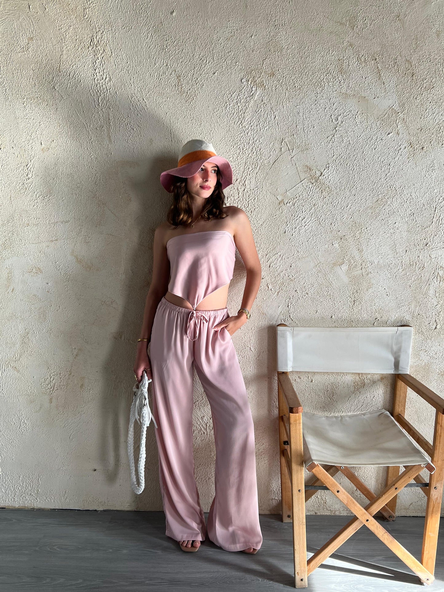 Dusty Pink Allure Satin Scarf Top & Wide-Leg Pants Set