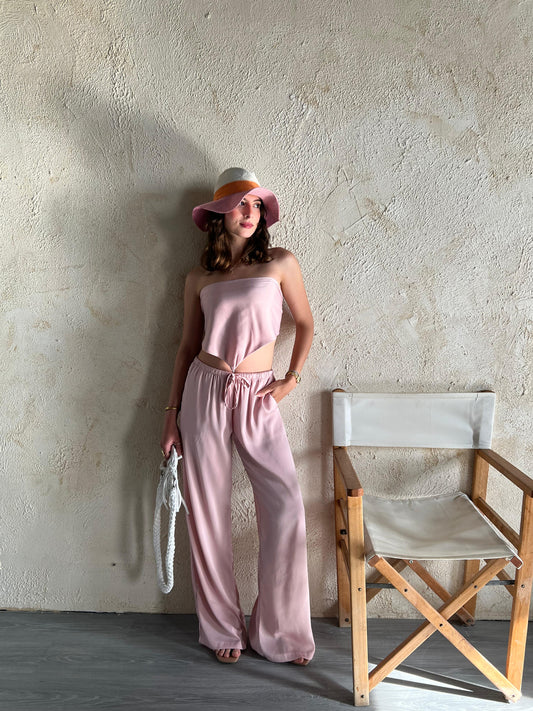 Dusty Pink Allure Satin Scarf Top & Wide-Leg Pants Set