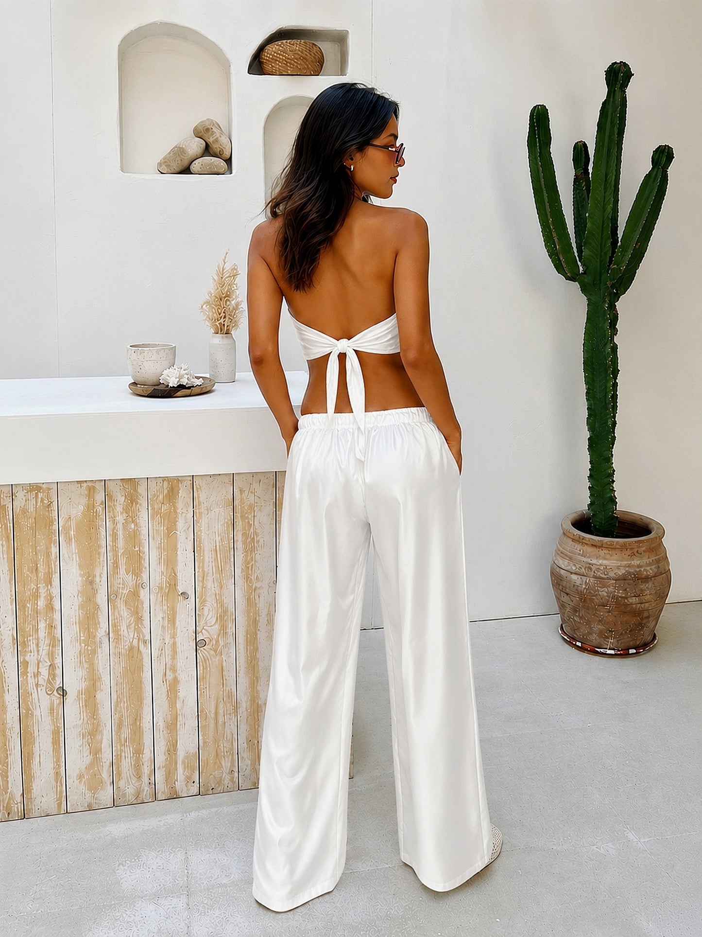White Allure Satin Scarf Top & Wide-Leg Pants Set