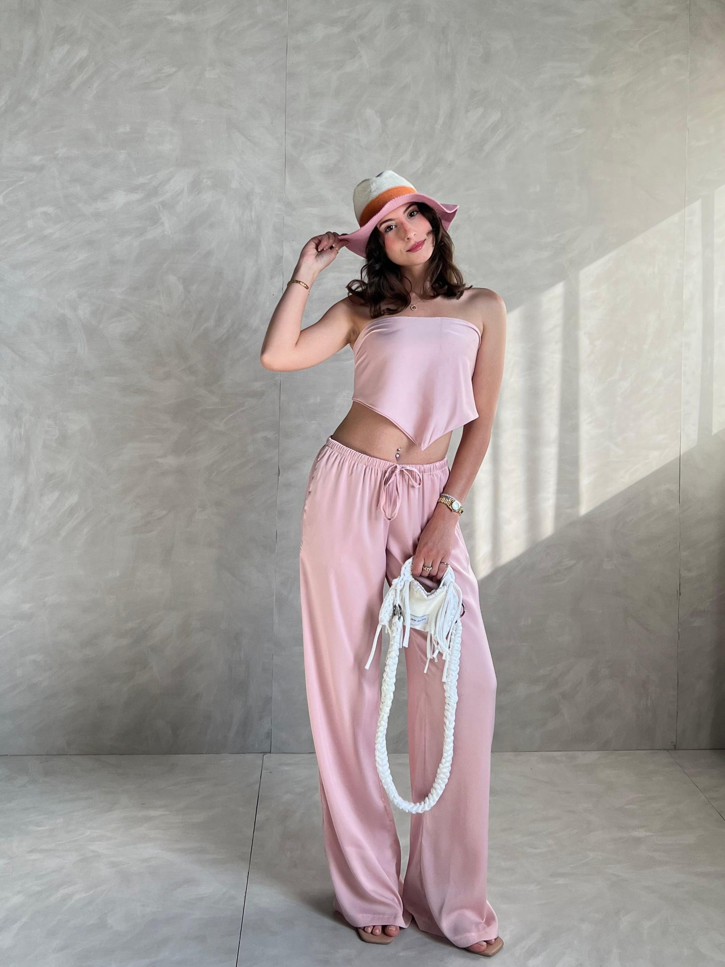 Dusty Pink Allure Satin Scarf Top & Wide-Leg Pants Set