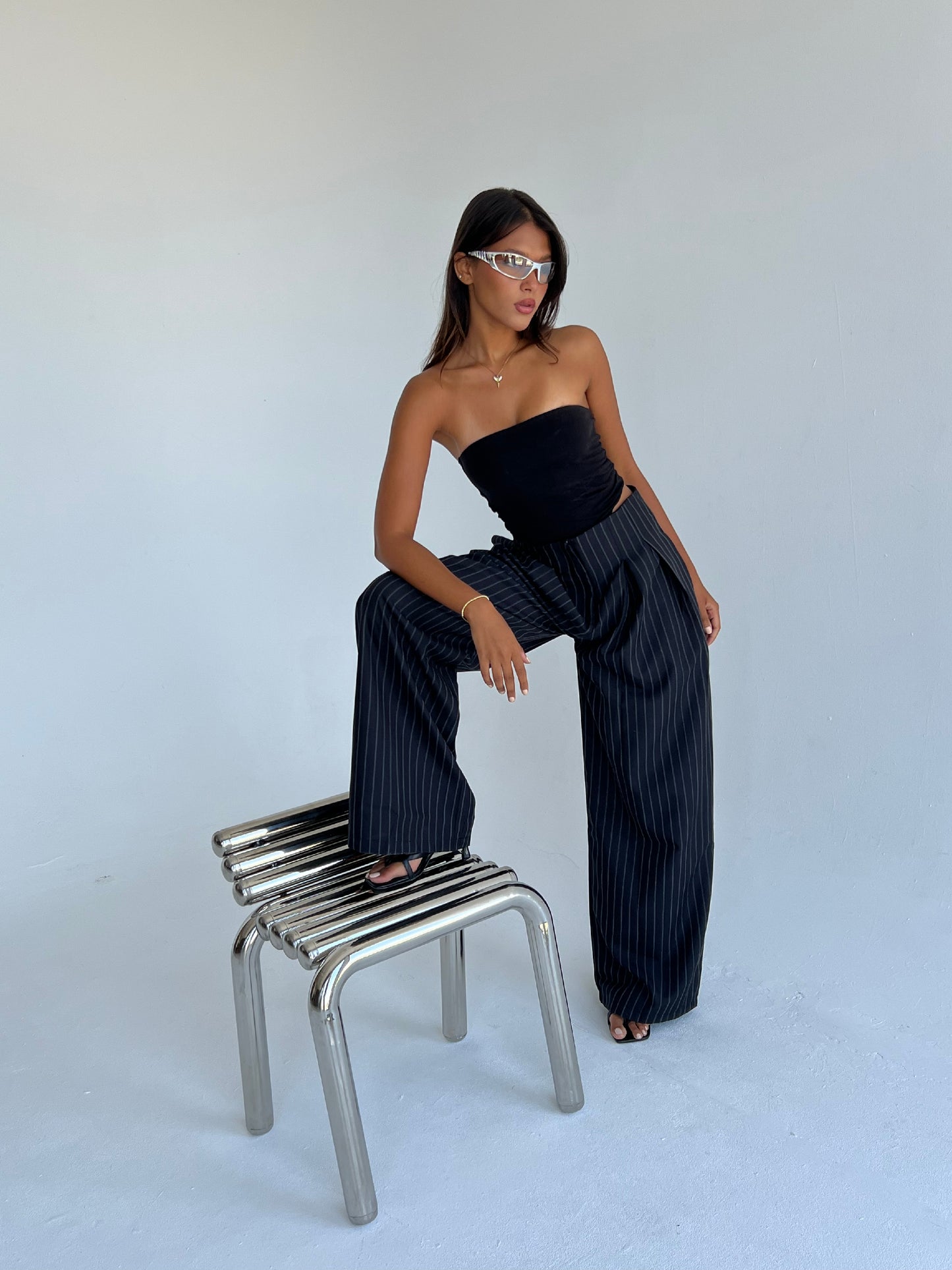 The Riviera Pinstripe Wide-Leg Pants – Black