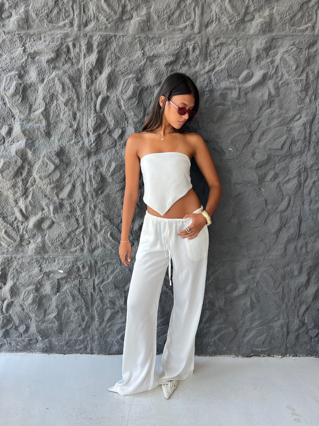 Allure Satin Scarf Top & Wide-Leg Pants Set
