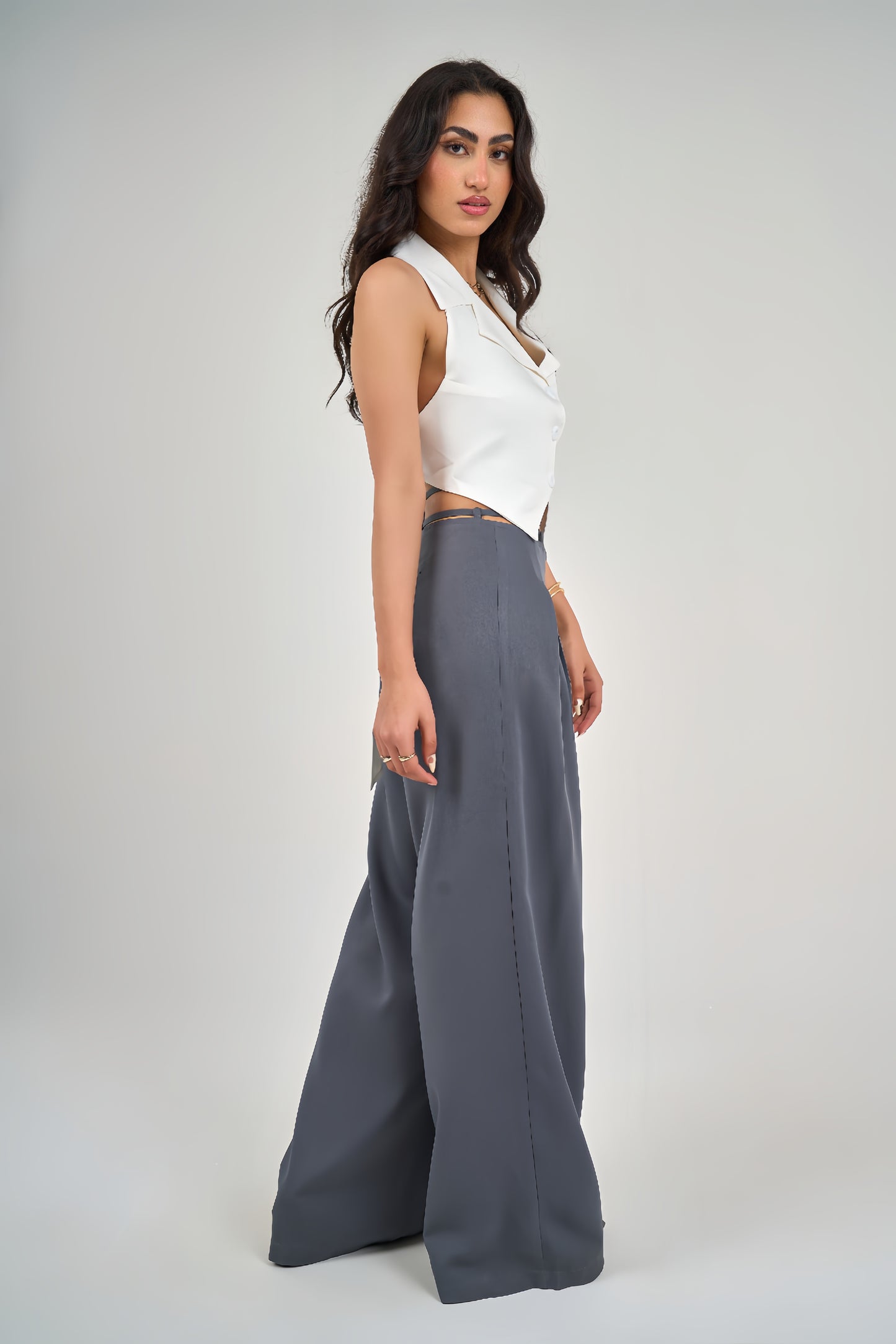 Grey Belt &amp; Pleats Pants