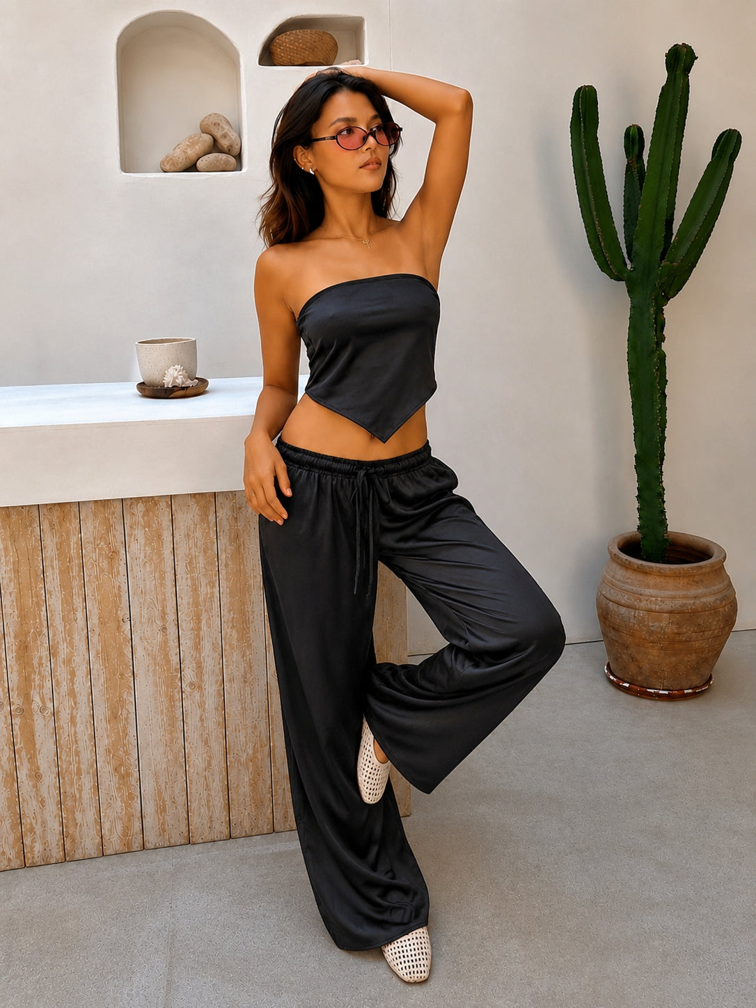 Black Allure Satin Scarf Top & Wide-Leg Pants Set