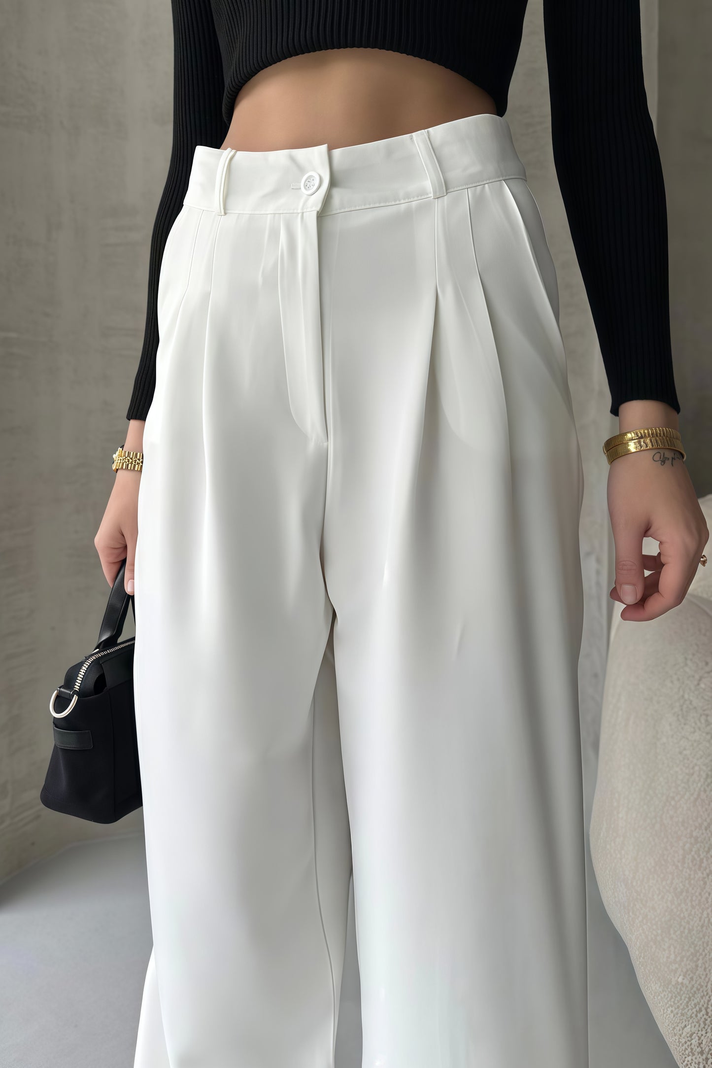 White-High Waisted Wide Leg Pants