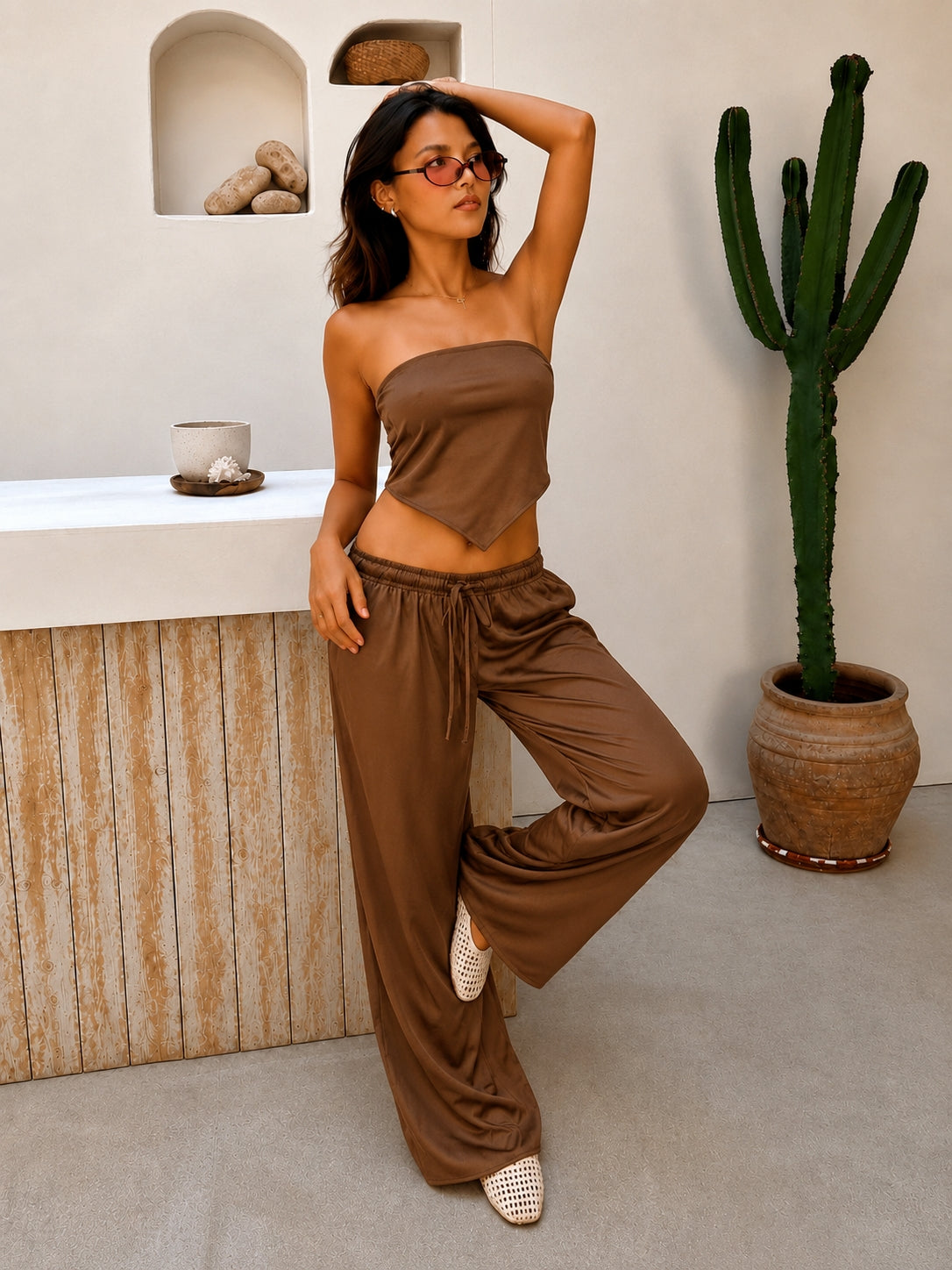 Brown Allure Satin Scarf Top & Wide-Leg Pants Set