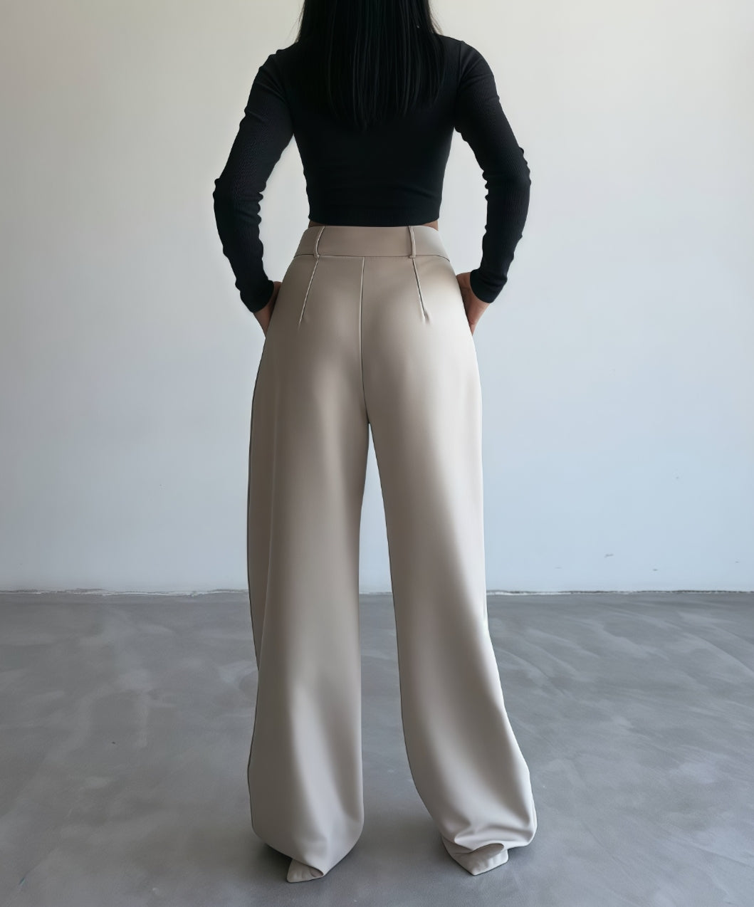 Beige-High Waisted Wide Leg Pants