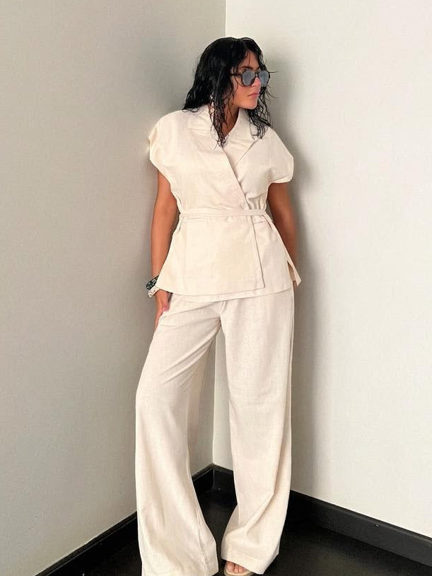 Beige Linen Blend Pleated Sets