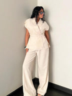 Beige Linen Blend Pleated Sets