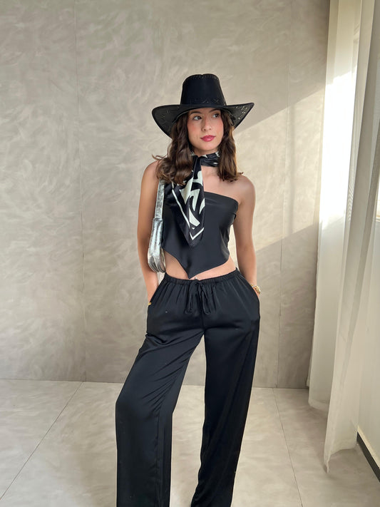 Black Allure Satin Scarf Top & Wide-Leg Pants Set