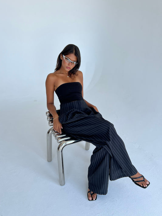 The Riviera Pinstripe Wide-Leg Pants – Black