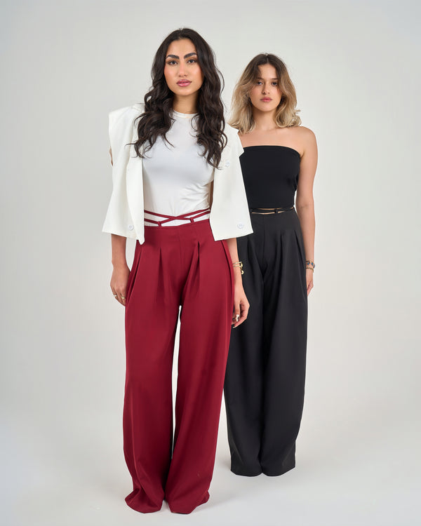 Burgundy Belt &amp; Pleats Pants