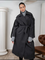 Grey Anthracite Wool Blend Sleeve Pocket Coat