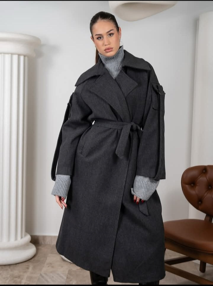 Grey Anthracite Wool Blend Sleeve Pocket Coat