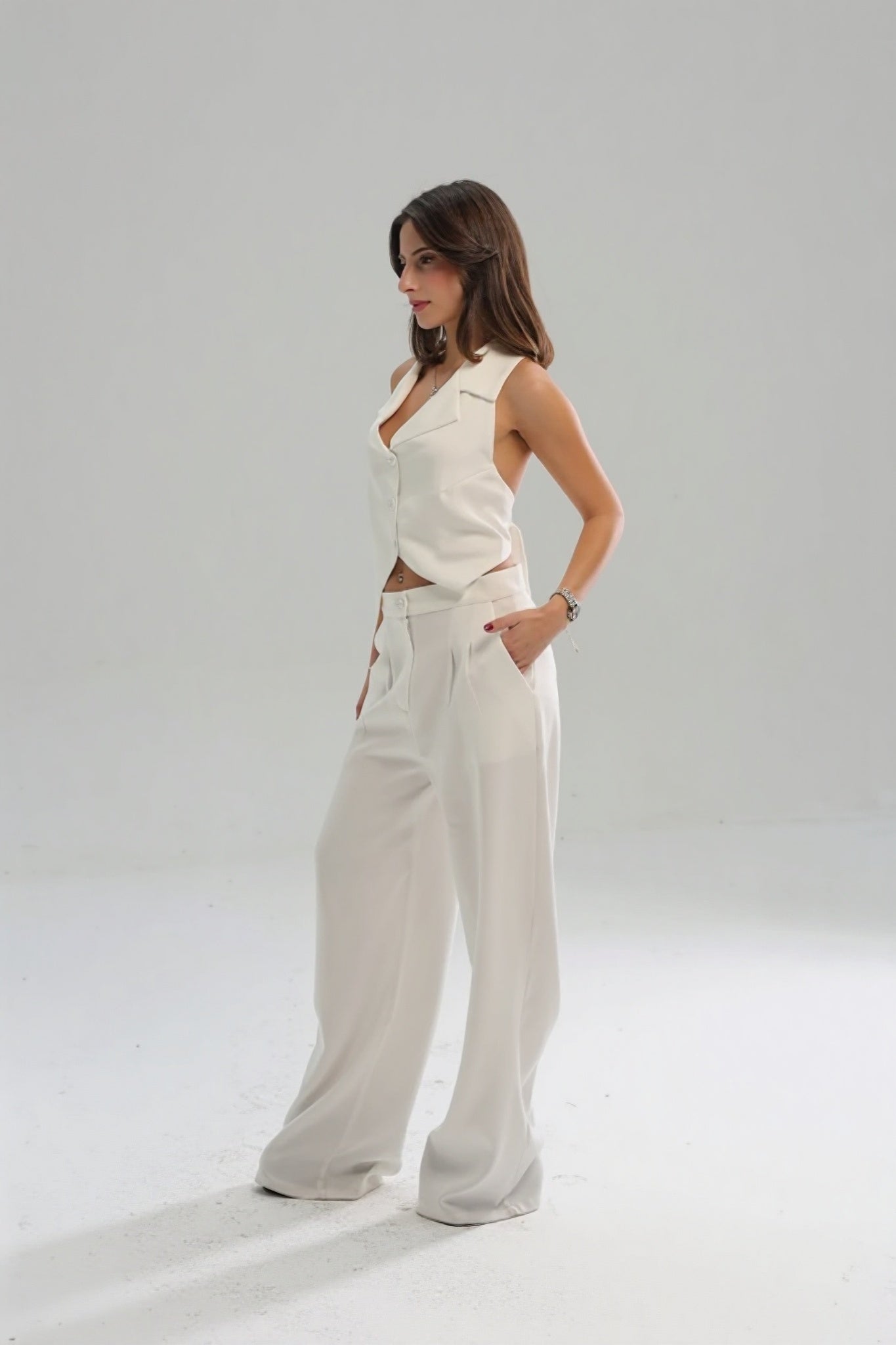 White-High Waisted Wide Leg Pants