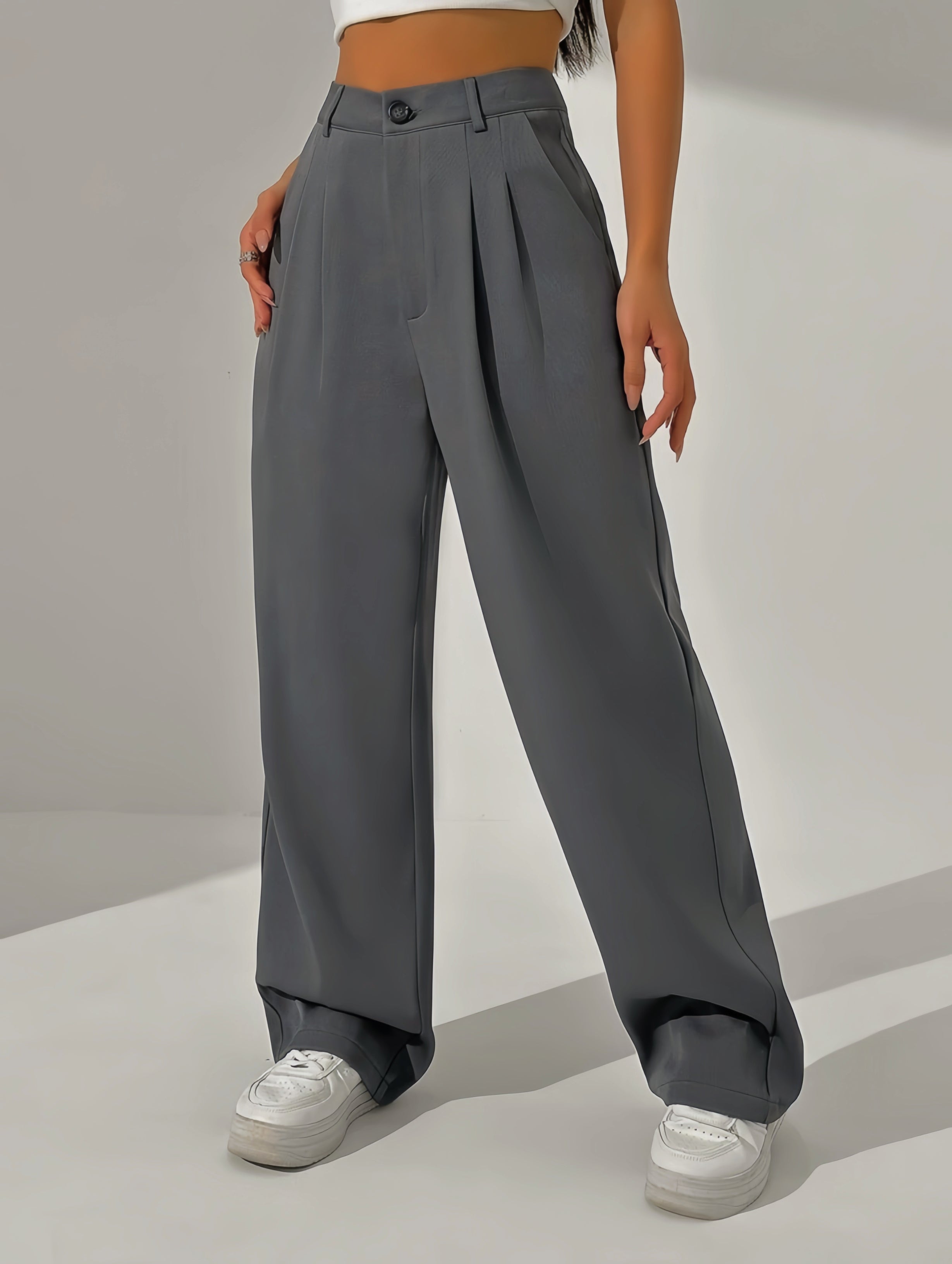 Grey-High Waisted Wide Leg Pants
