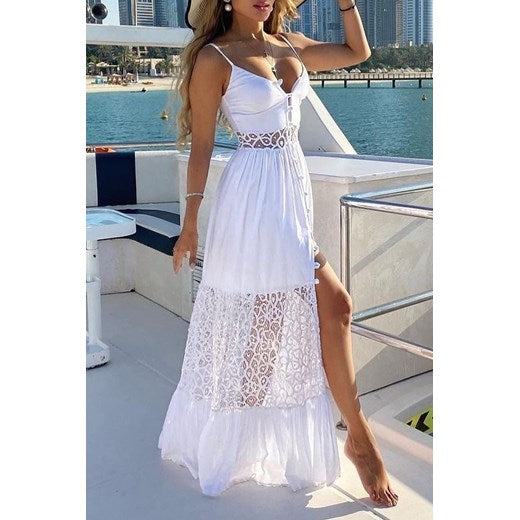 Long white dress with lace details and thin straps
