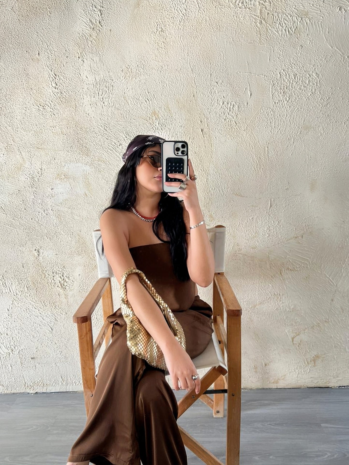 Brown Allure Satin Scarf Top & Wide-Leg Pants Set