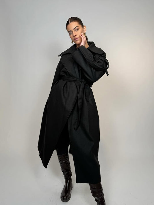 Black Anthracite Wool Blend Sleeve Pocket Coat