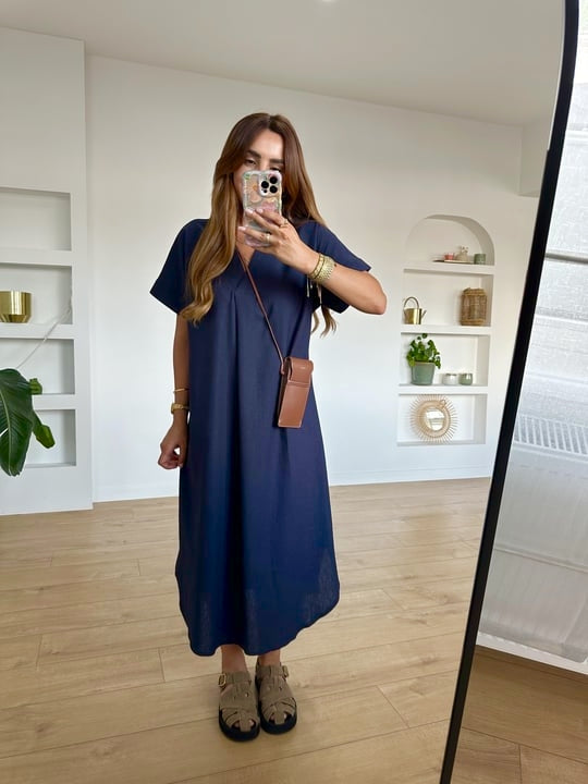Navy Linen Midi Dress