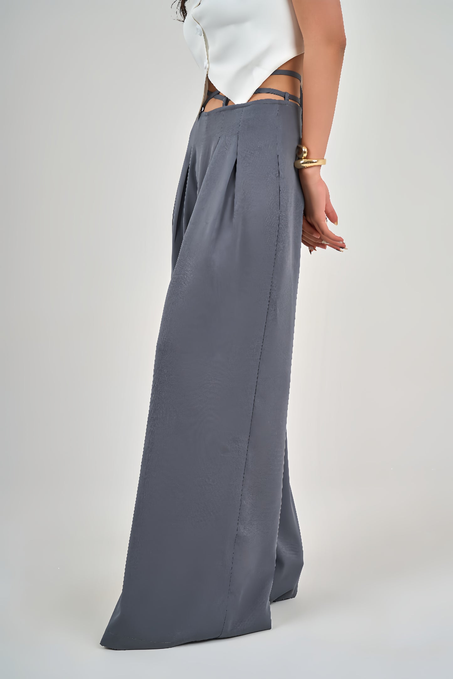 Grey Belt &amp; Pleats Pants