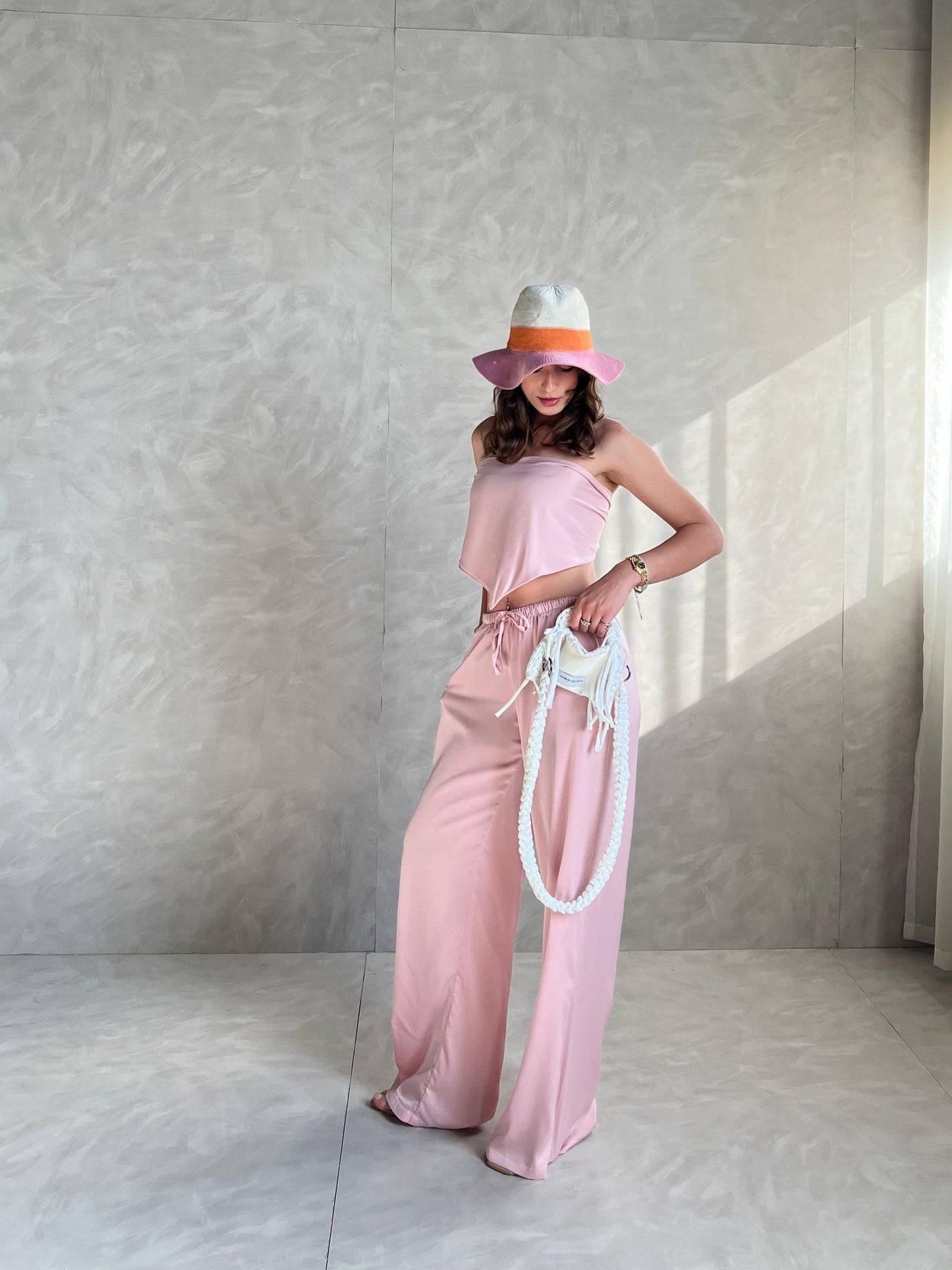 Pink Allure Satin Scarf Top & Wide-Leg Pants Set