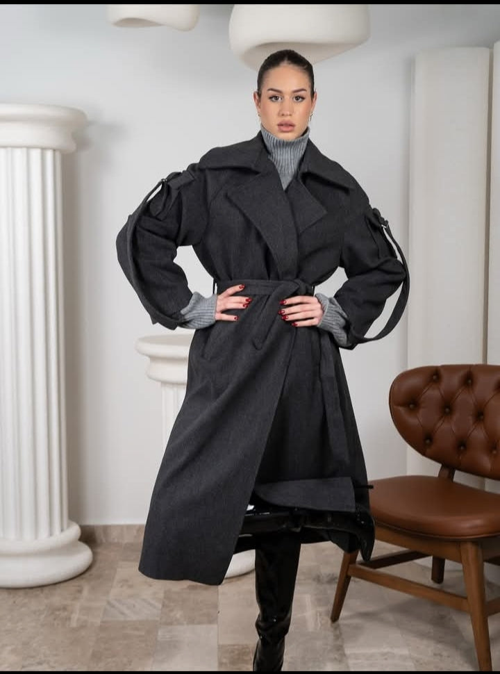 Grey Anthracite Wool Blend Sleeve Pocket Coat