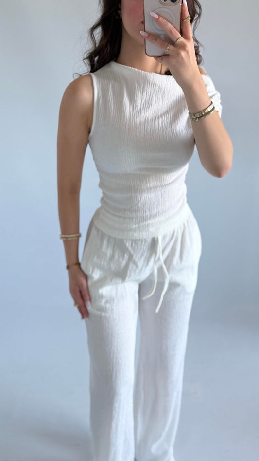 White asymmetric blouse pants suit