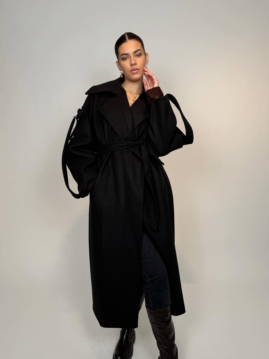 Black Anthracite Wool Blend Sleeve Pocket Coat