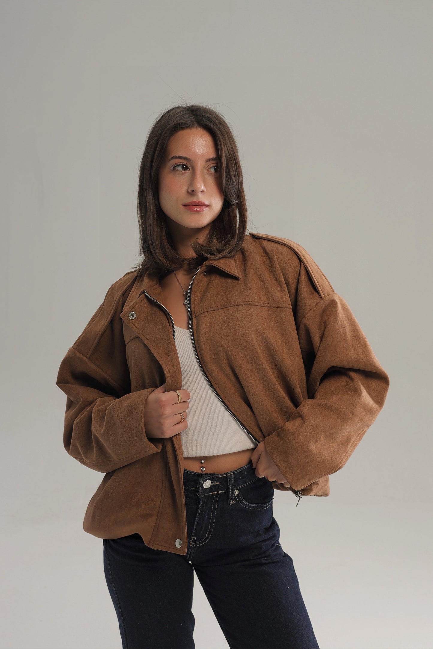 SUEDE ZIPPERED DROP SHOULDER BOMBER JACKET
