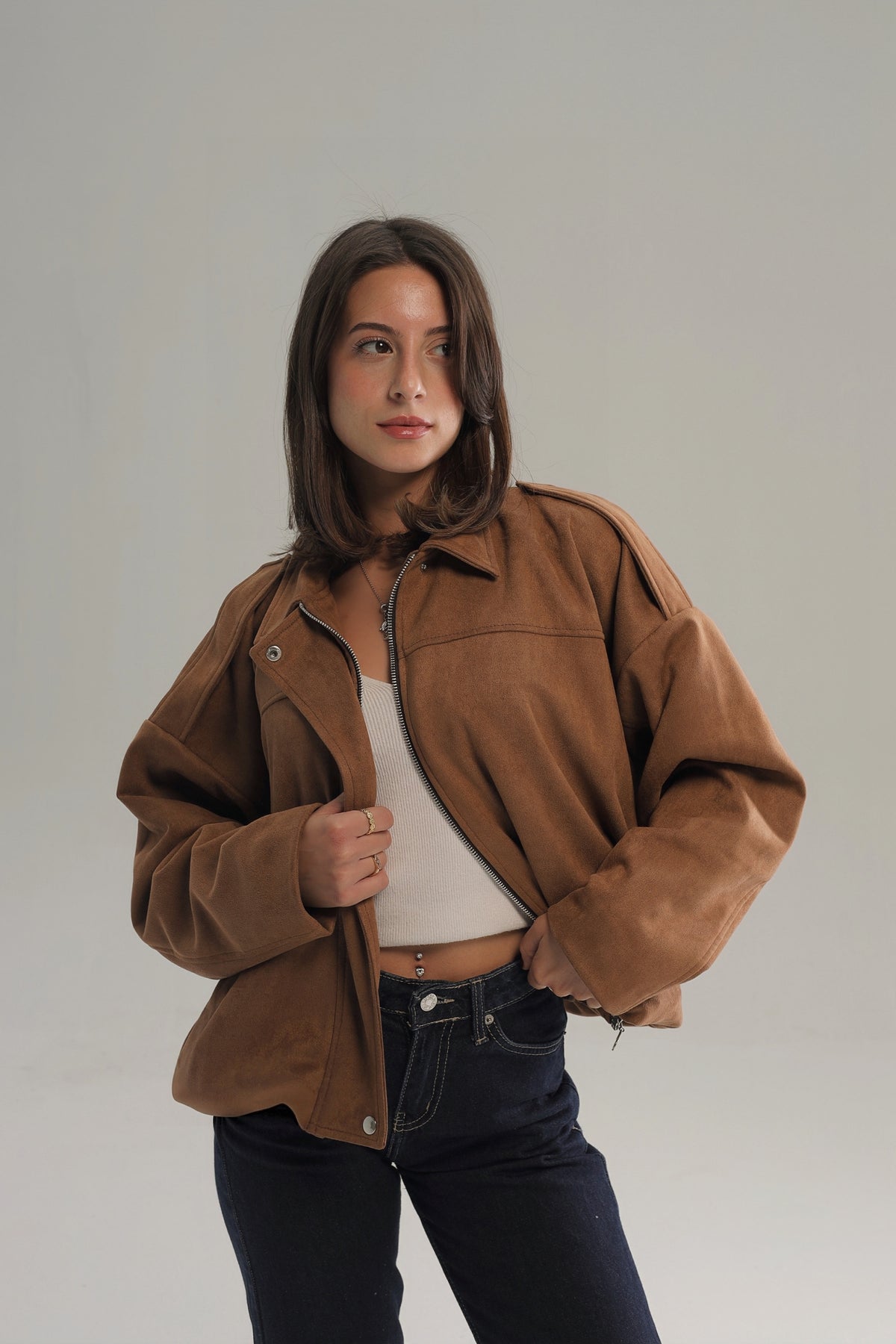 SUEDE ZIPPERED DROP SHOULDER BOMBER JACKET