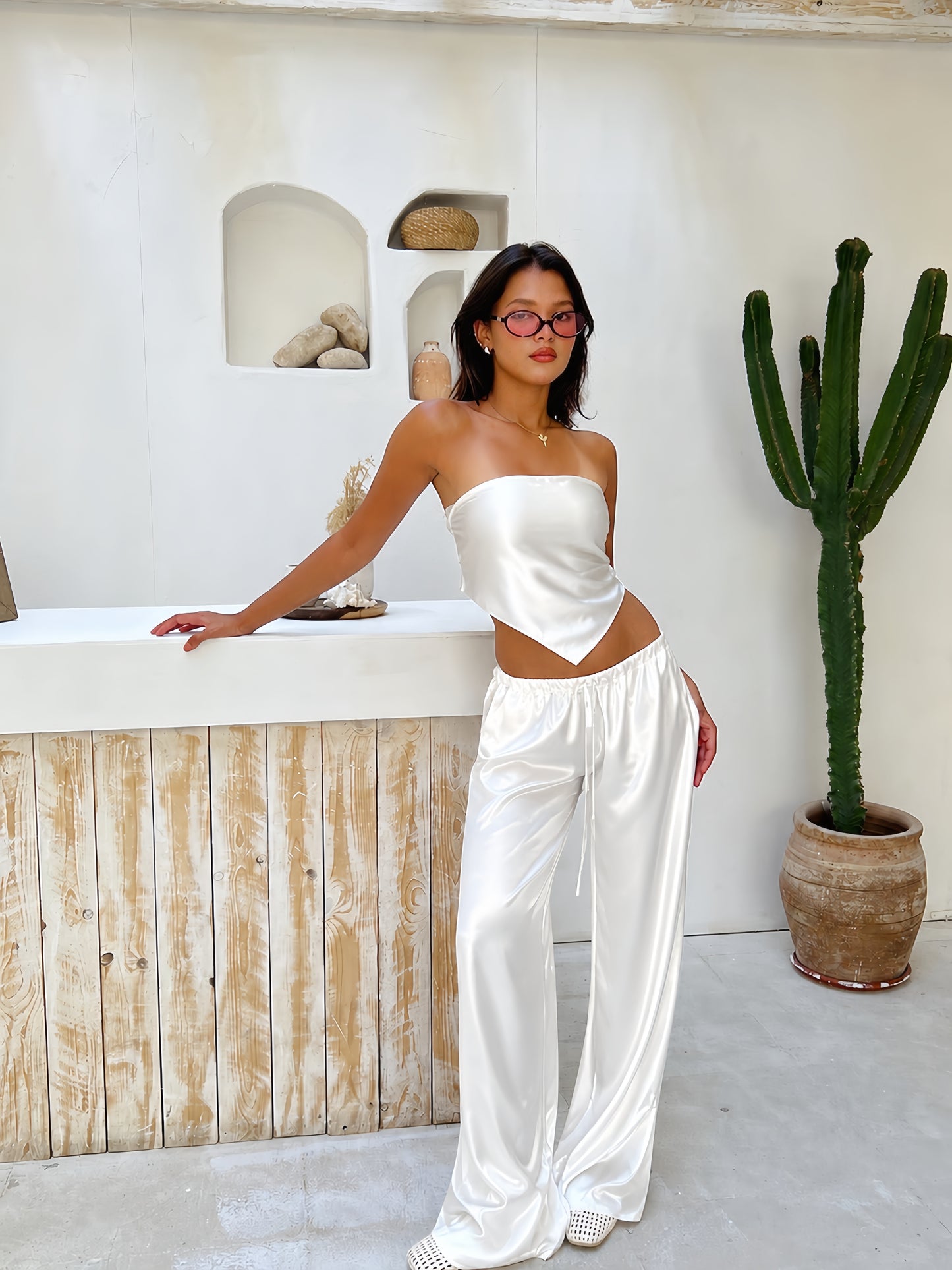 White Allure Satin Scarf Top & Wide-Leg Pants Set