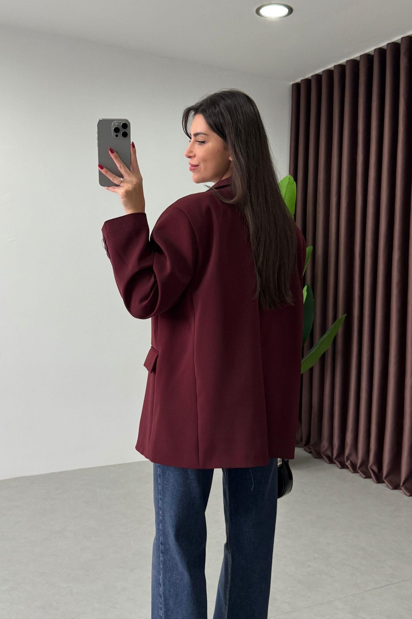 Burgundy Oversized Textured Basic Blazer