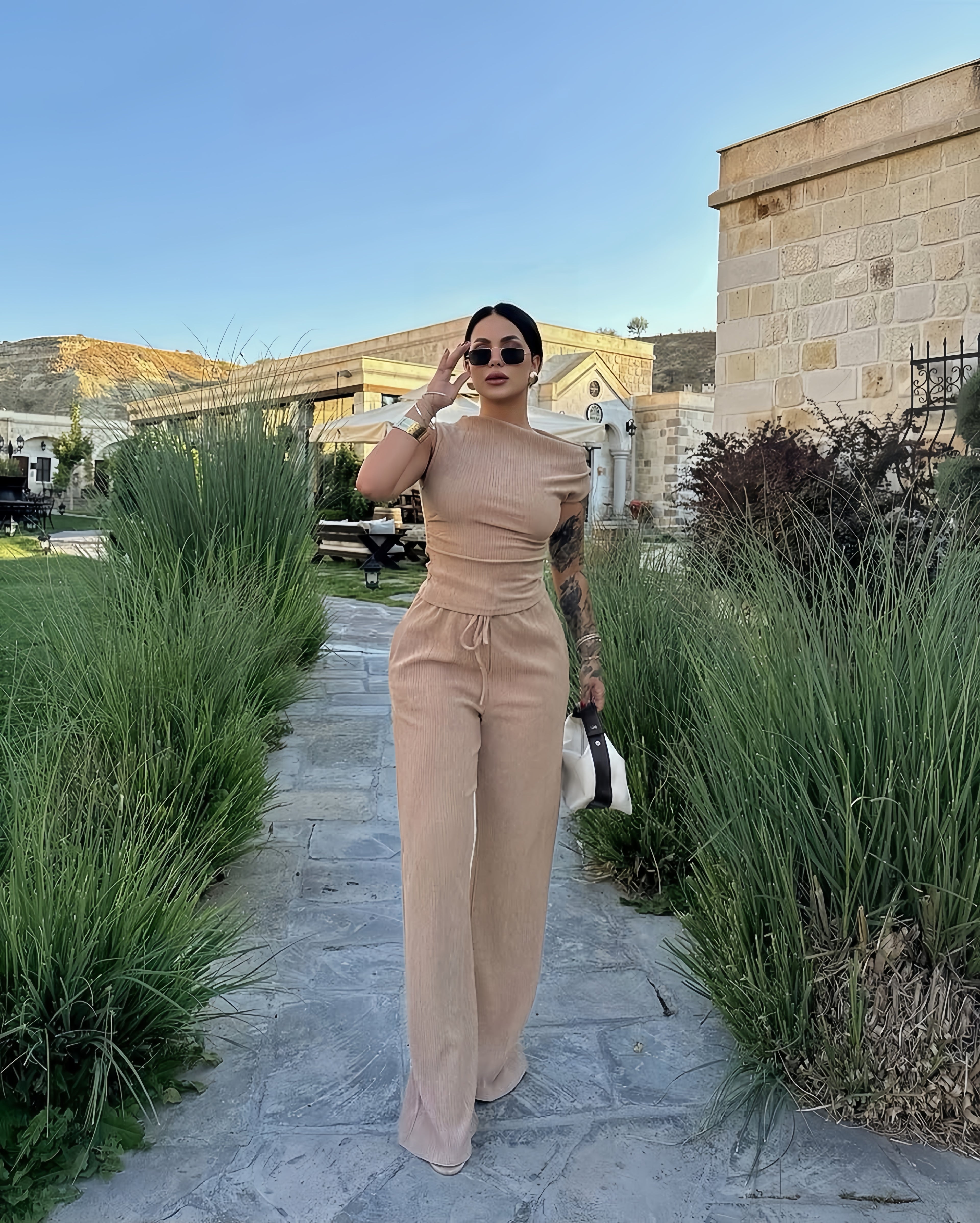 Beige asymmetric blouse pants suit