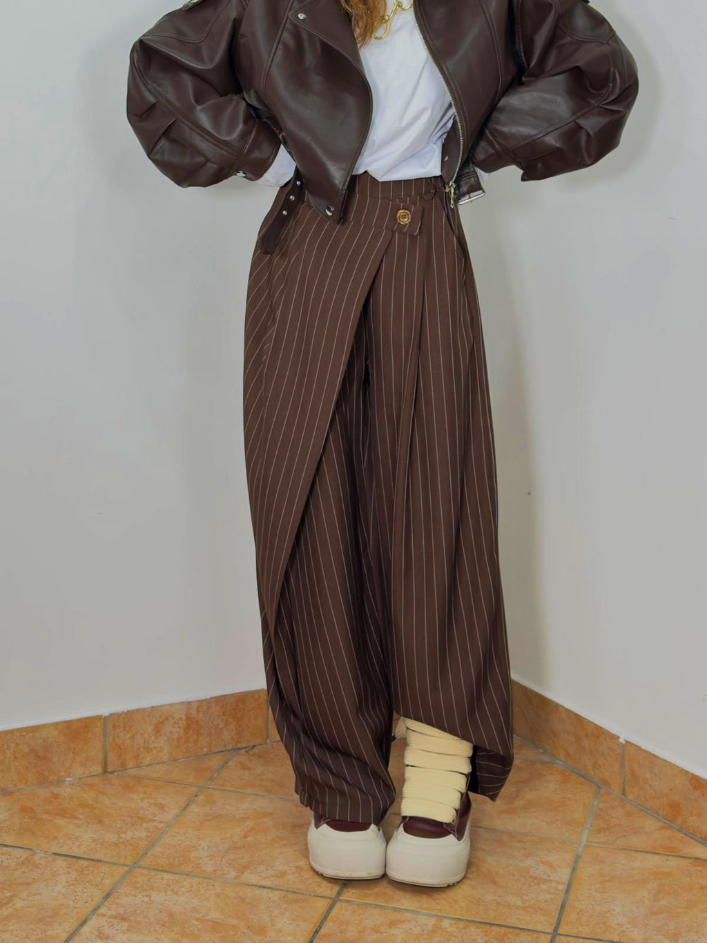 Striped trousers with wrap details