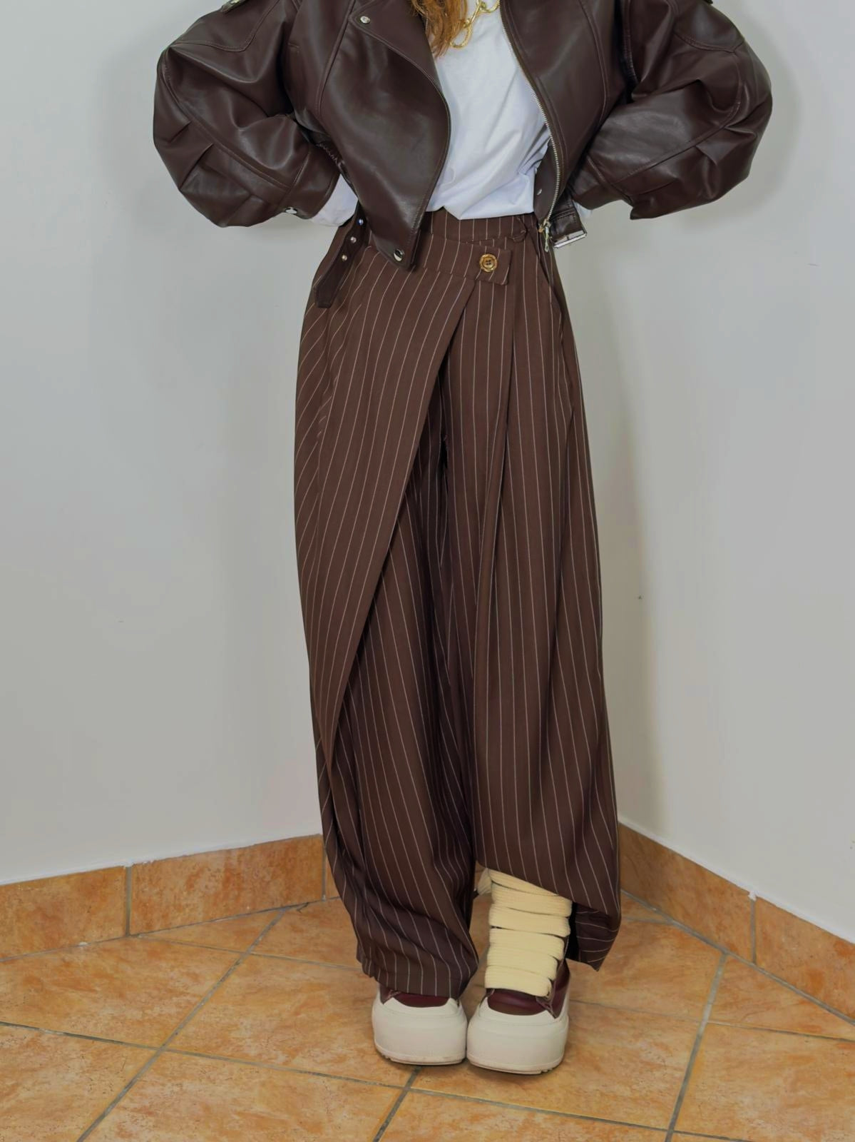 Striped trousers with wrap details