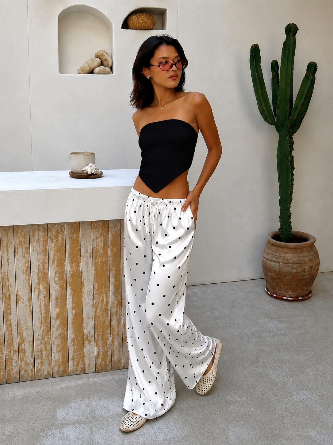 Satin Polka Dot Lounge Set – Black & White